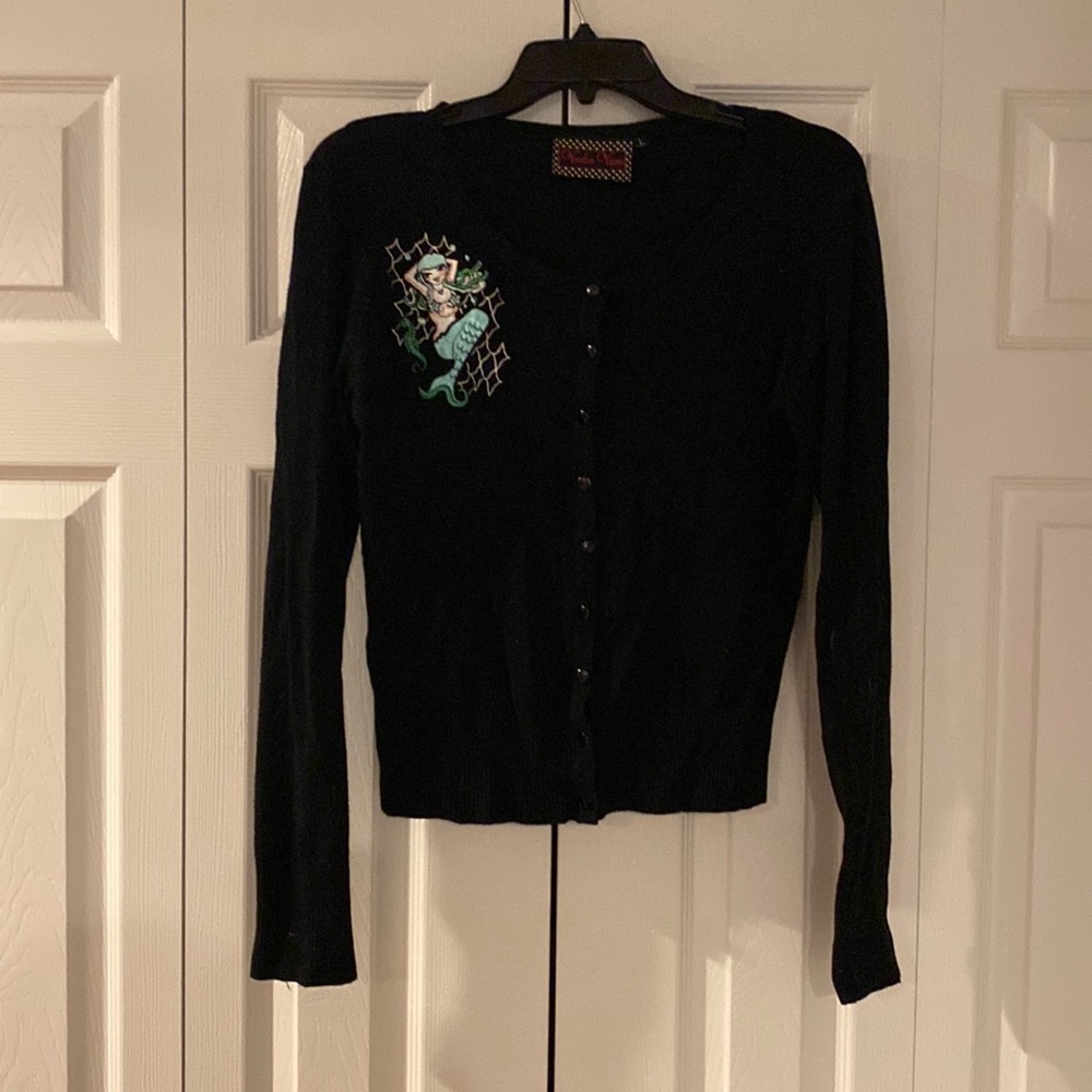 Voodoo Vixen button down shirt with mermaid. In black. L